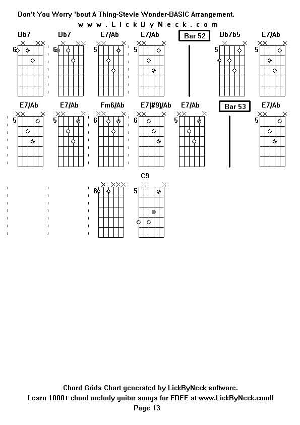 Chord Grids Chart of chord melody fingerstyle guitar song-Don't You Worry 'bout A Thing-Stevie Wonder-BASIC Arrangement,generated by LickByNeck software.